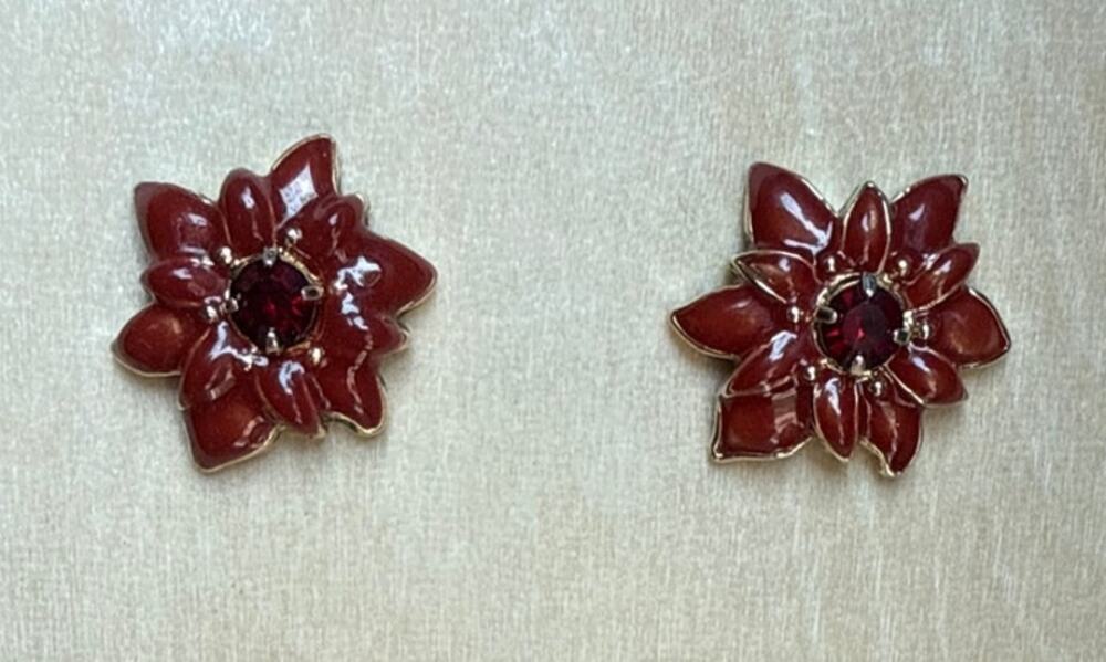 Avon Poinsettia Convertible Earrings Red Rhinestone Holiday Studs